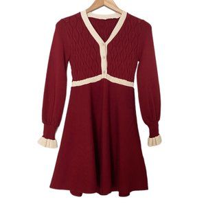 Saner Women's Rust /Beige Trim Knit V Neck Puff Sleeve Fit & Flare Dress Small